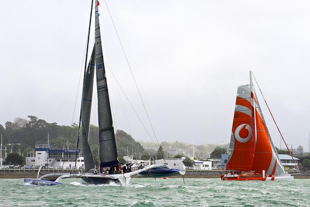 Team Australia (Sean Langman) vs TeamVodafoneSailing (Simon Hull) on the Waitemata Harbour, Wednesday October 23, 2013. Team Australia will line up for the 2013 Coastal Classic  © Richard Gladwell www.photosport.co.nz
